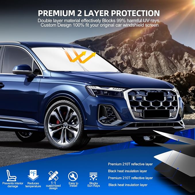 Windshield Sun Shade for Audi Q7 2016-2025 Foldable Sunshade Custom Fit Front - Image 3
