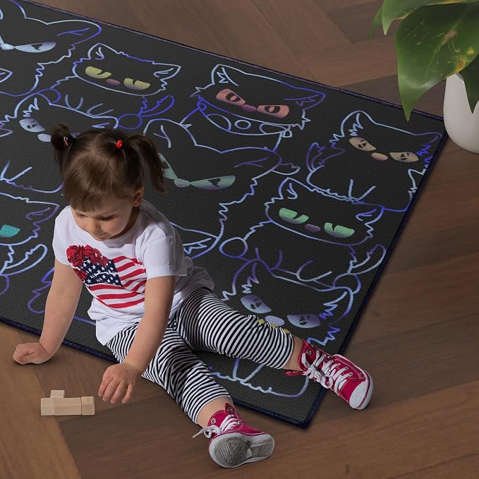 Black Play Cat Rug for Playroom for Boys Girls 3x4 Funny Cute Cat Cartoon Decor - Image 2