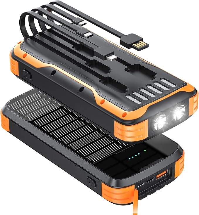 Solar Charger Power Bank, 40000mAh Portable Phone Charger Built in 4 Cables by MinrisePortableCharger