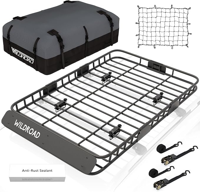 WILDROAD Car Roof Cargo Basket Combo of Upgraded 64"x 39"x 4" Roof Rack Cargo by WILDROAD