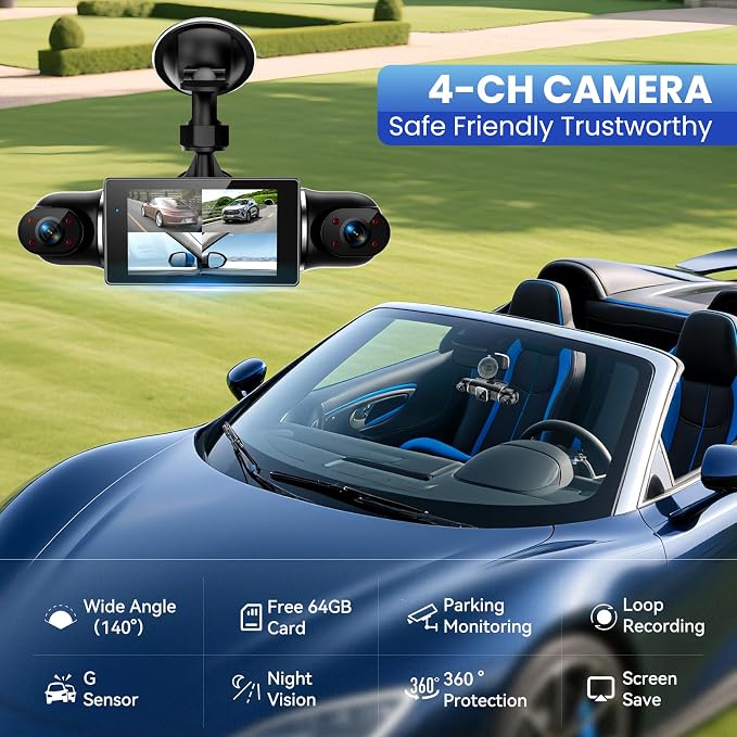 360°View 4 Channel Dash Cam, 2K+1080P Front and Rear Inside Left Right - Image 3