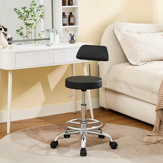Rolling Stool with Back, Adjustable Height Foot Rest Rolling Salon Chair by FIRAVOE