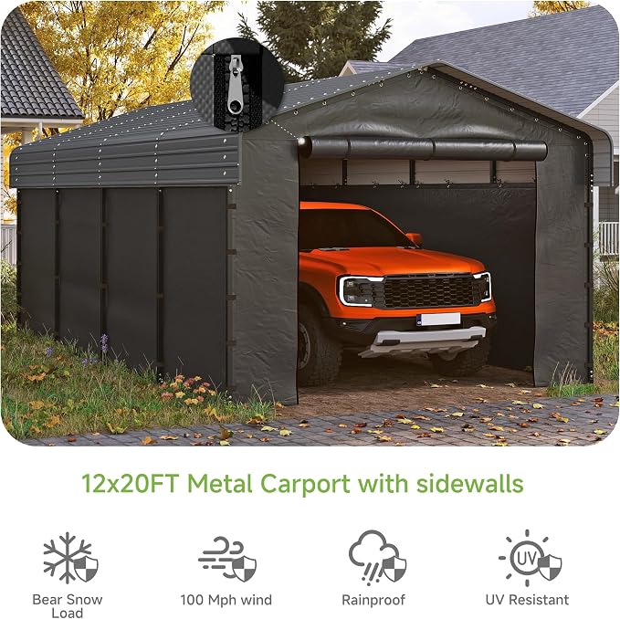 Real Relax 12'x20' Heavy Duty Metal Carport, Outdoor Garage Car Shelter Shade - Image 2