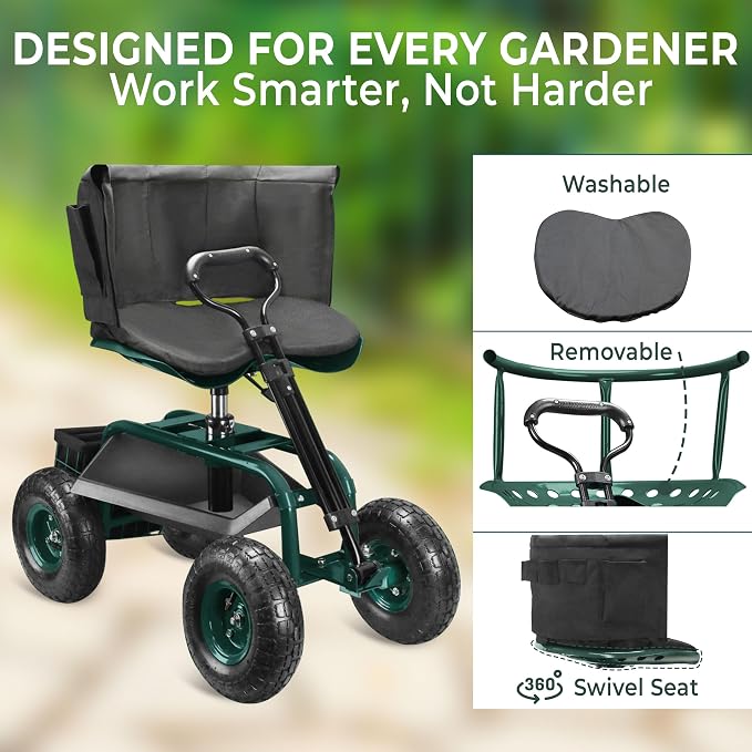Garden Seat with Wheels – Adjustable 360° Swivel Gardening Stool with Hydraulic - Image 8