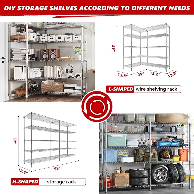 REIBII 58" W 5 Tier Heavy Duty Wire Shelving Unit - 1400LB Metal - Image 9