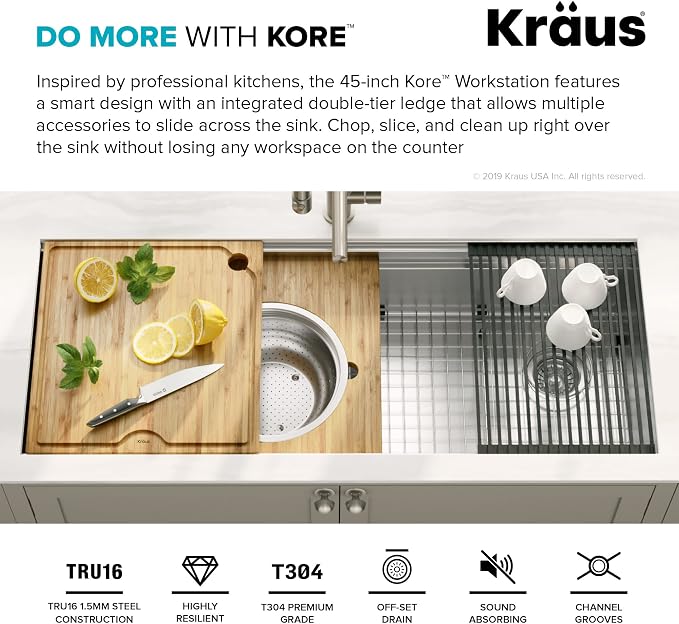 KRAUS Kore Workstation 45-inch Undermount 16 Gauge Stainless Steel Kitchen Sink - Image 8