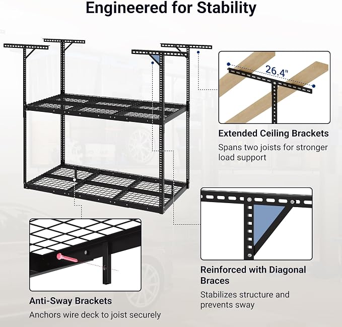 FLEXIMOUNTS 3x6 2-Tier Overhead Garage Storage Rack – Adjustable Heavy Duty - Image 5