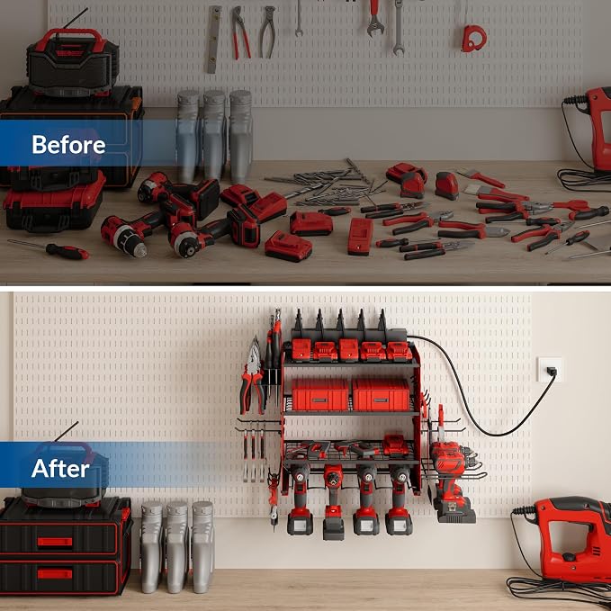 Power Tool Organizer with Charging Station, 4 Layers Garage Storage Rack with 6 - Image 6