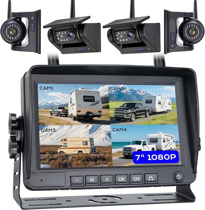 1080P 7" Magnetic Wireless RV Backup Camera System, 2 Rear Cameras + 2 Side by WOOCARTY