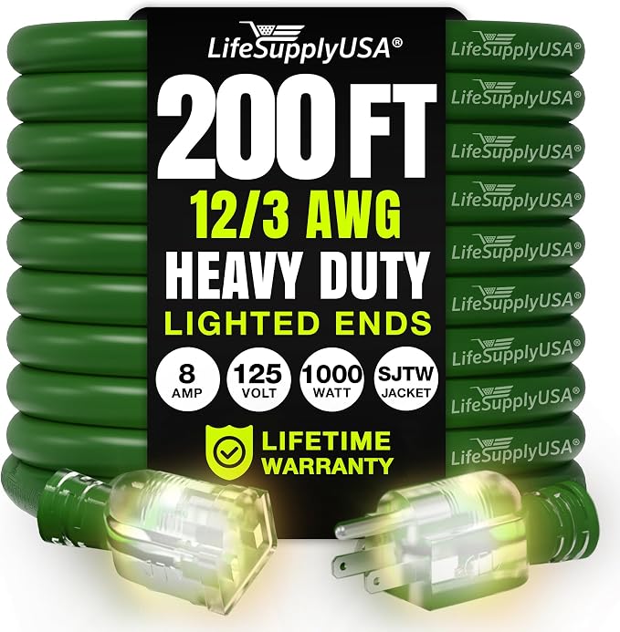 200ft Outdoor/Indoor Extension Cord 12/3 Gauge Extra Heavy Duty 3 Prong SJTW by LifeSupplyUSA