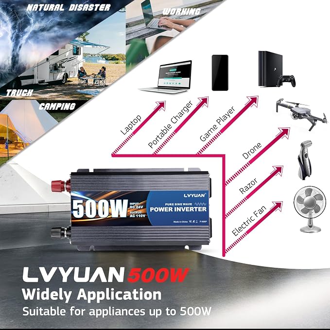 LVYUAN 500 Watt Pure Sine Wave Power Inverter 24V to 110V/120V DC to AC - Image 6