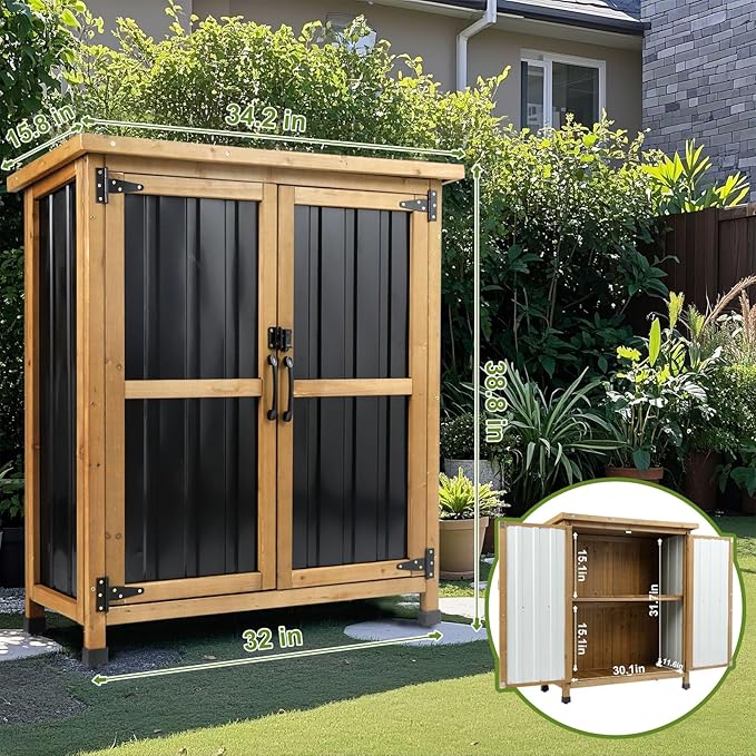 Outdoor Storage Cabinet, Small Wood & Metal Storage Shed - Image 2