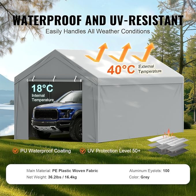 VEVOR Carport Replacement Canopy Cover Top + Side Wall 13 x 20 ft, Garage Tent - Image 3