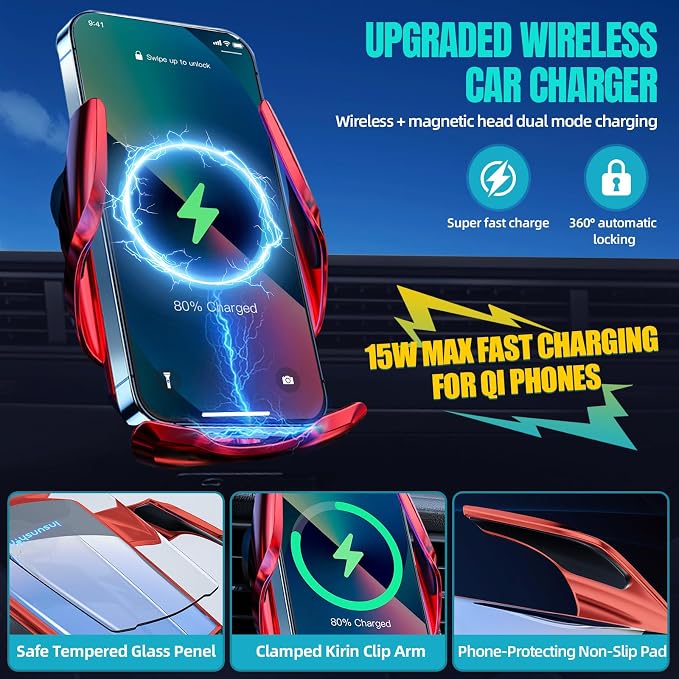 Wireless Car Charger, MAX 15W Fast Charging Auto Clamping, Sensing Phone Holder - Image 2
