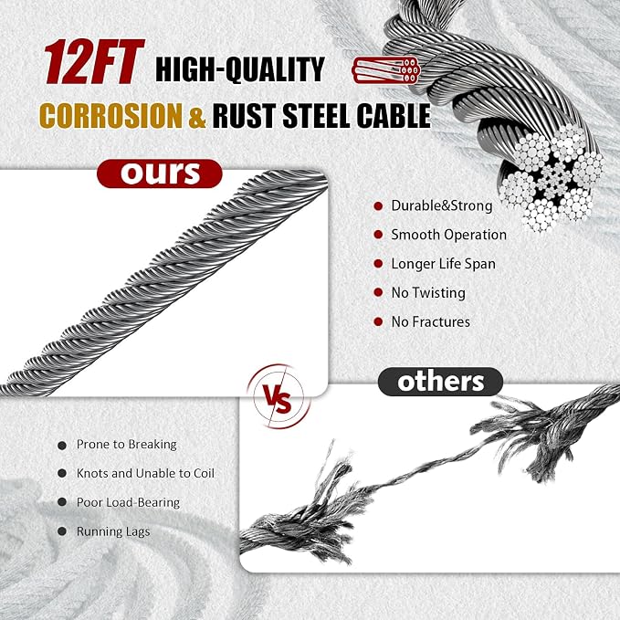 Come Along Winch 2T, Pulling Capacity 12 FT Steel Cable 2 Hooks, - Image 4