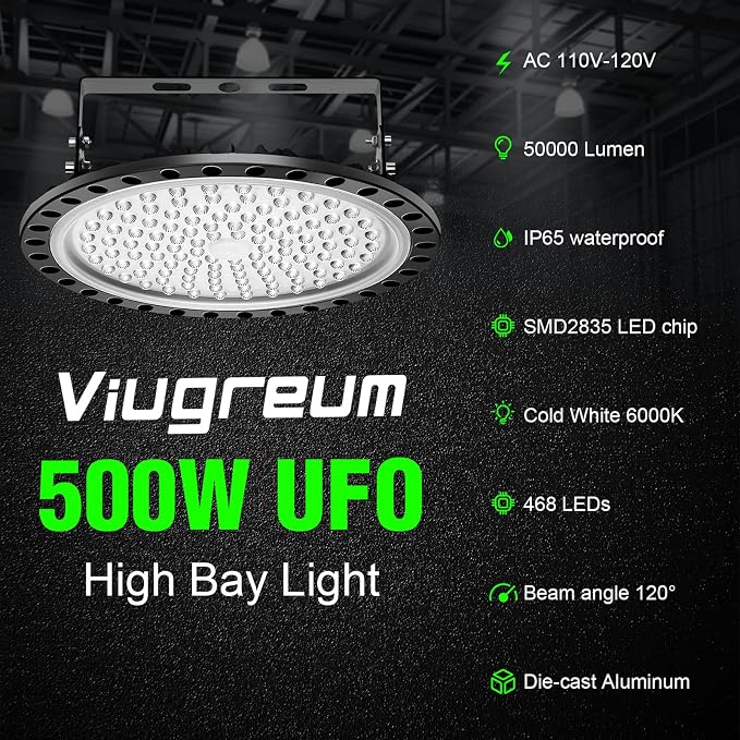 Viugreum High Bay LED Shop Lights, 500W UFO LED High Bay Light 50, 000LM 120V - Image 9