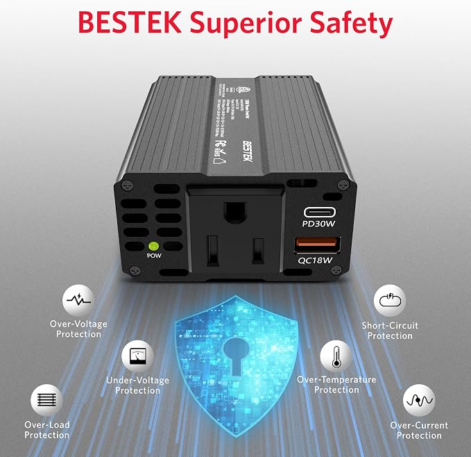 BESTEK 150W Car Power Inverter, DC 12V to 110V AC Converter PD 30W QC 3.0 18W - Image 4