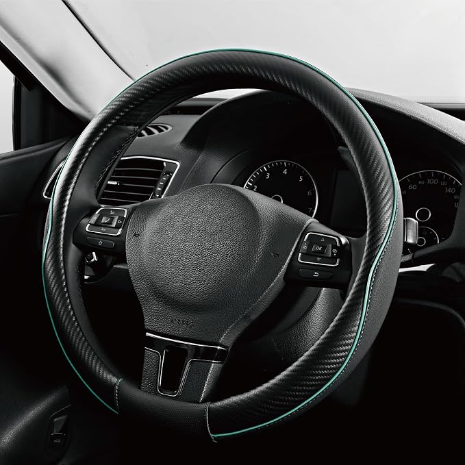 PIC AUTO Steering Wheel Cover, Mint Piping Leather, Sports Carbon Fiber and by PICAUTO