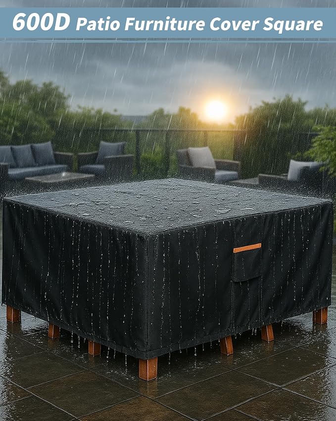 Outdoor Waterproof Furniture Cover, 106W x 106L x 28H inches Heavy Duty 600D - Image 2