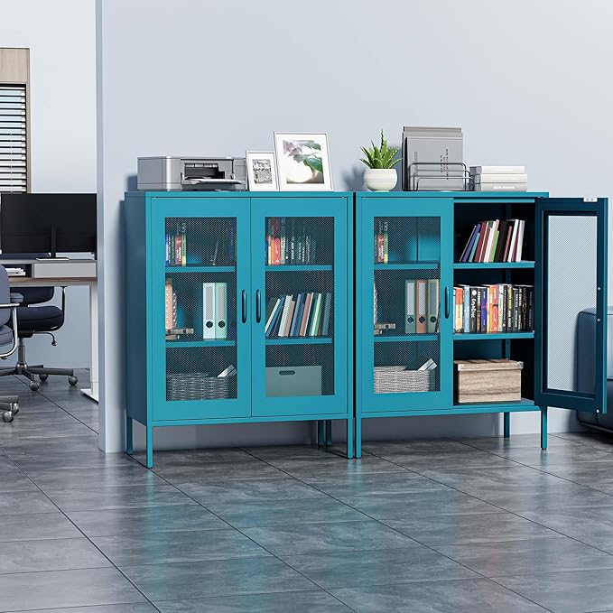 Metal Storage Cabinet with Mesh Doors, Steel Display Cabinet with Adjustable - Image 2