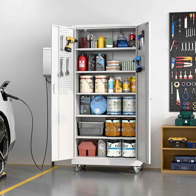 Garage Storage Cabinet with Pegboard and 5 Adjustable Shelves, Tool Storage - Image 2