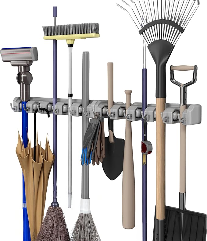Stalwart Garden Tool Organizer Wall Mount Broom and Mop Holder, 5 Adjustable by Stalwart