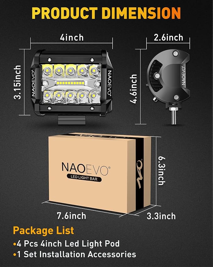NAOEVO 4 Inch LED Pod Lights, 240W 24, 000LM LED Fog/Driving/Off Road Lights - Image 8