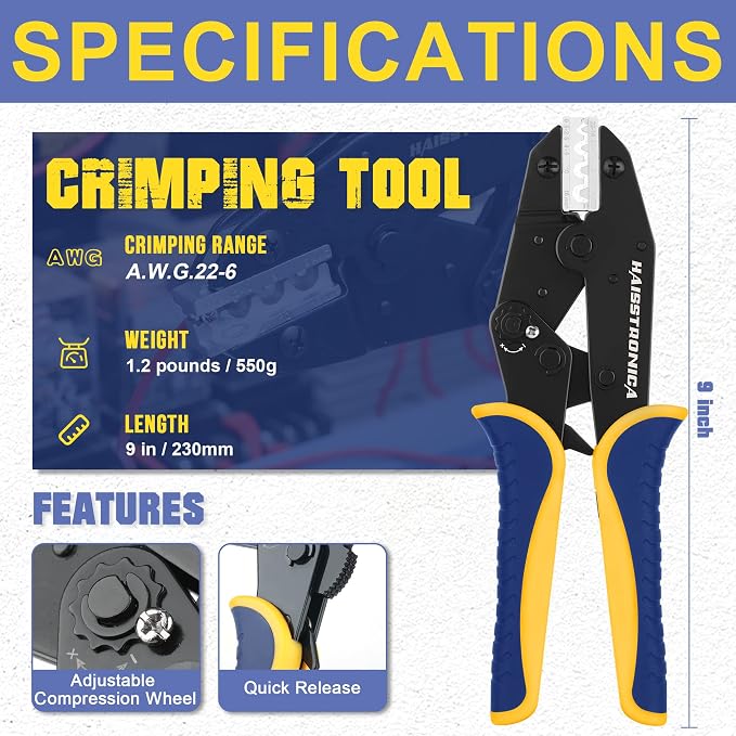 haisstronica Crimping Tool for Non-Insulated Terminal, AWG 22-6 Ratchet Wire - Image 2