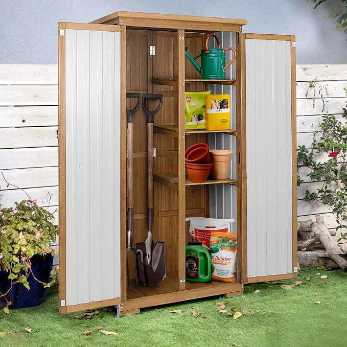 Outdoor Storage Cabinet Weatherproof, Wood & Metal Storage Shed - Image 6
