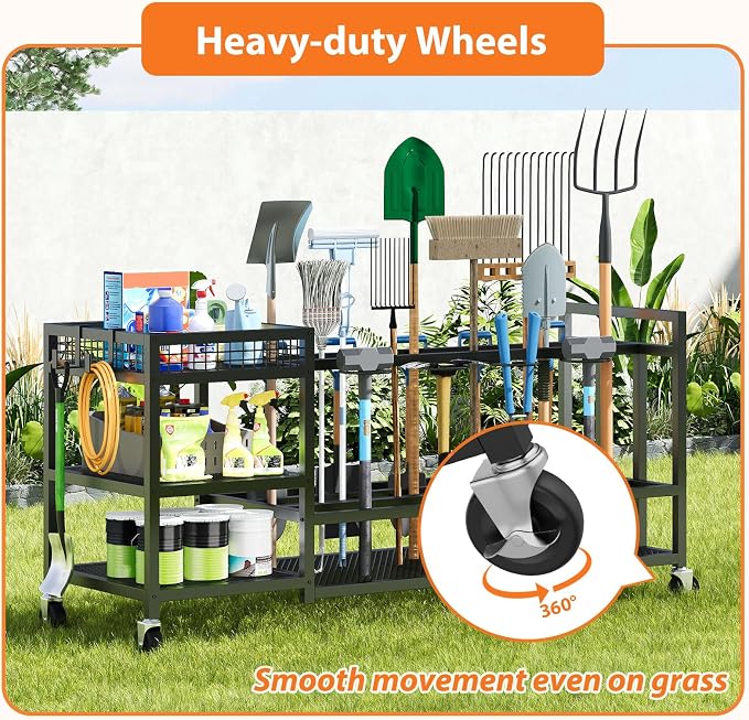 Garden Tool Organizer with Wheels-Movable Garden Tool Rack with Storage Hooks - Image 8