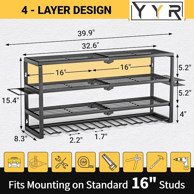 YYR 4 Layer Power Tool Organizer Wall Mount, Cordless Drill Hanger Storage Rack - Image 6