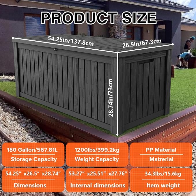 180 Gallon Lockable Resin Deck Box, Waterproof & UV-Resistant Outdoor Storage - Image 2
