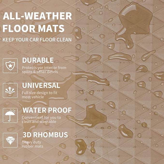 CAR PASS Beige Rubber Car Mats, All-Weather Floor Mats Full Set Durable - Image 7
