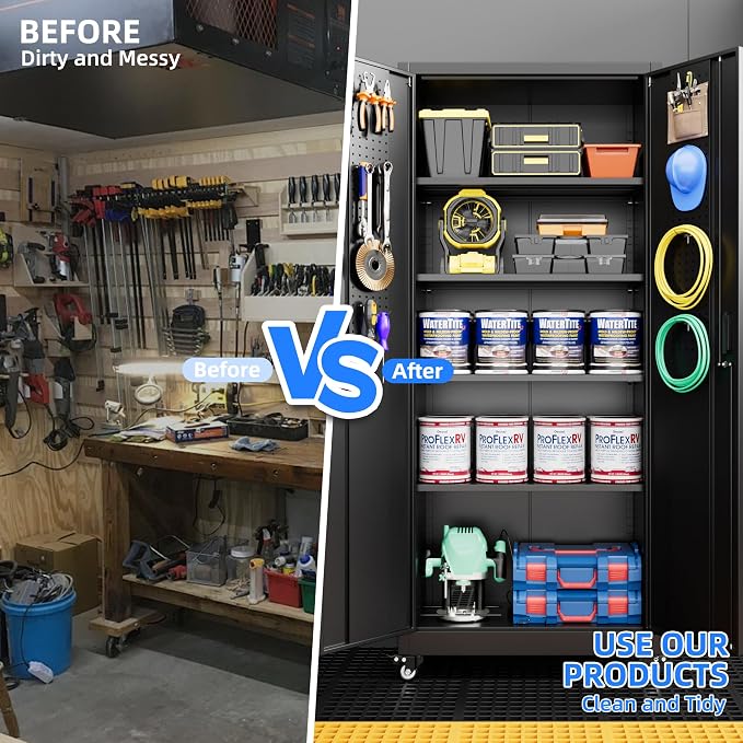 Metal Storage Cabinet with Wheels, Pegboard and 4 Hooks, Assembly Required - Image 6