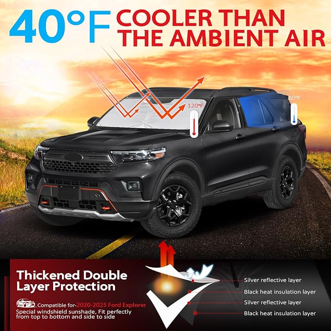 KAYZT Windshield Sun Shade for 2020-2025 Ford Explorer SUV Foldable Sunshade - Image 2