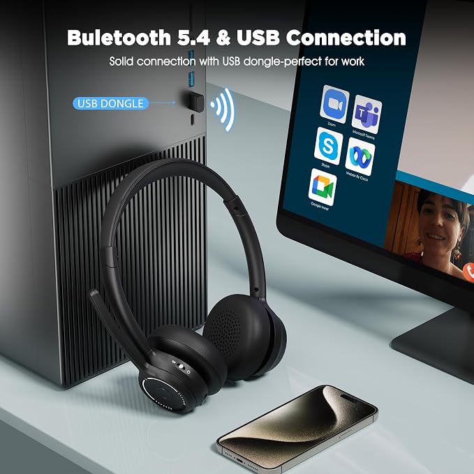 Wireless Headset with Mic for Work, Wireless On Ear Headphones with USB Dongle - Image 3