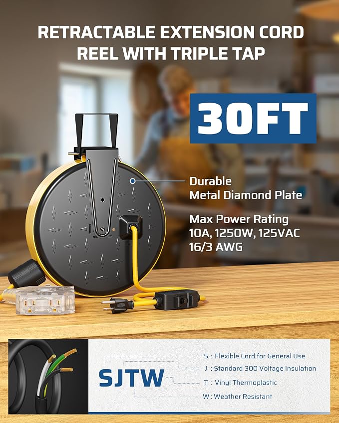 DEWENWILS 30 Ft Retractable Extension Cord Reel, Ceiling/Wall Mount 16/3 Gauge - Image 2
