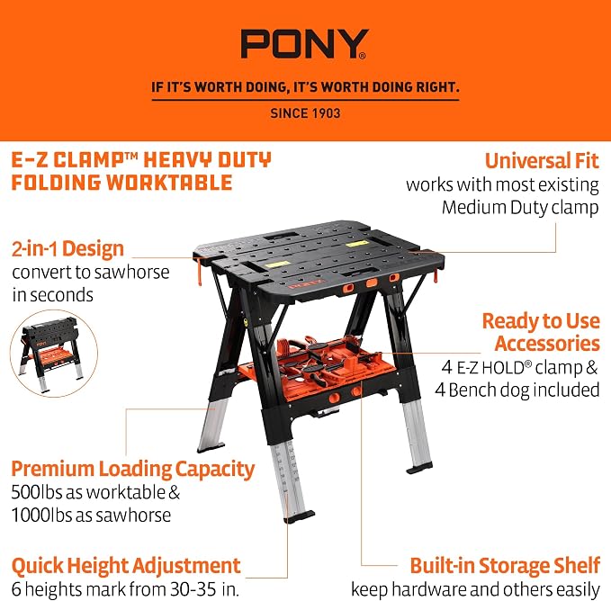 Pony Portable Folding Work Table, 2-in-1 as Sawhorse & Workbench, 31” W×25” - Image 3
