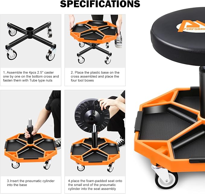 PM PERFORMOTOR Adjustable Height Pneumatic Garage Seat Rolling Mechanic Stool - Image 5