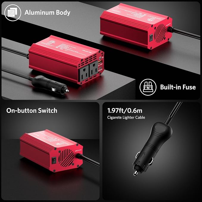 300W Car Power Inverter, USB-C PD65W QC 18W Converter Car Charger, DC 12V to - Image 4