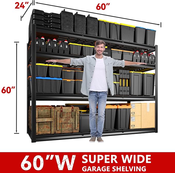 REIBII 60" W Garage Shelving Heavy Duty 2500LBS Storage Shelves 4-Tier Garage - Image 2