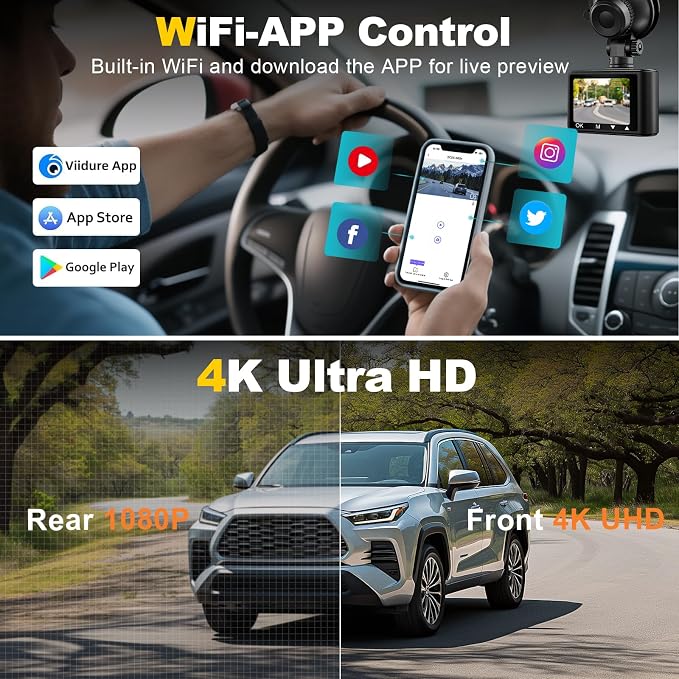 Dash Camera, 4K/1080p Dash Camera Front and Rear, Built-in 5GWiFi, Dash Cam - Image 7