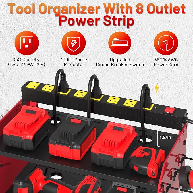 Power Tool Organizer Wall Mount wtih Charging Station, 4 Drill Holder Wall Mount - Image 2