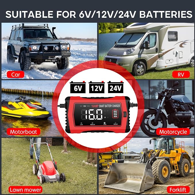 16-Amp Battery Charger, 6V/12V/24V Smart Car Battery Charger, Automotive - Image 9