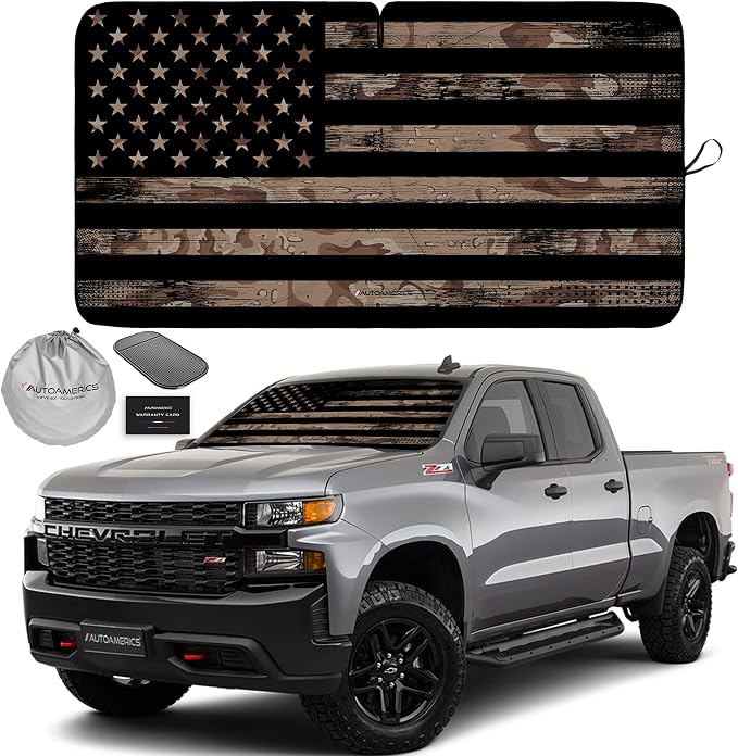 Autoamerics 1-Piece Windshield Sun Shade Brown Camo American Flag USA Design by AutoamericsUS