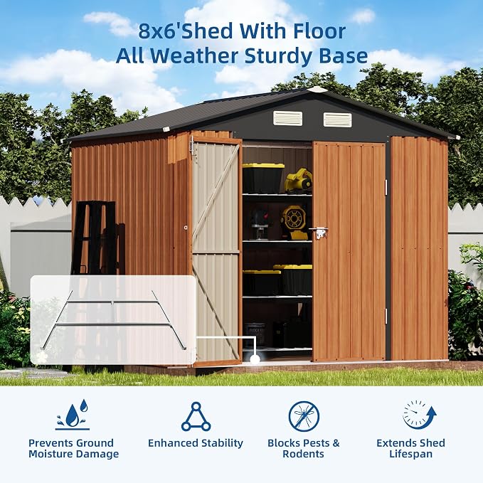 8x6FT Outdoor Storage Shed, Metal Garden Shed - Image 2