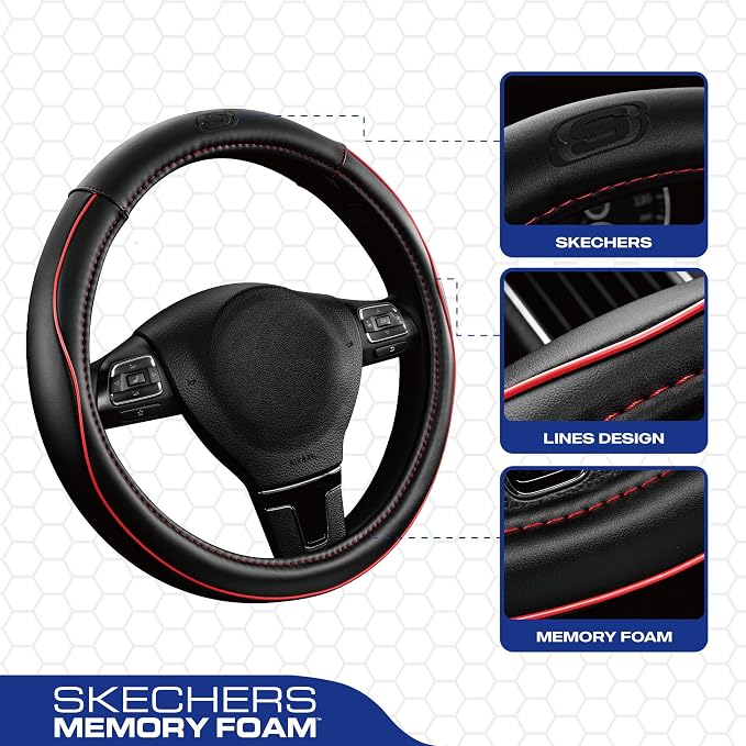 Skechers Memory Foam Steering Wheel Cover, Piping Microfiber Leather Steering - Image 2