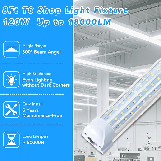 6 Pack 8FT T8 LED Shop Lights, 120W Integrated Tube Light, 19200LM 6000-6500K - Image 2