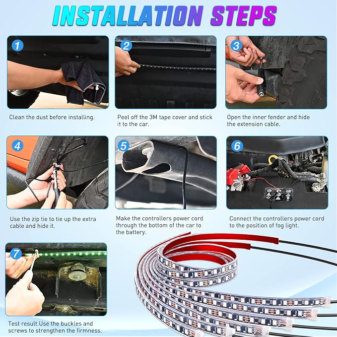 Nilight 6Pcs Car Underglow Neon Accent Strip Lights 300 LEDs RGB Multi Color - Image 3