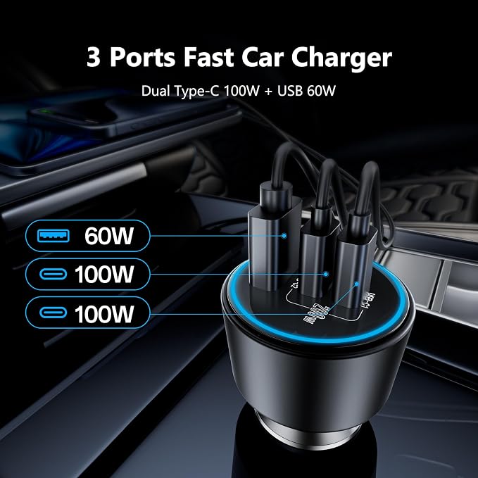 USB C Car Charger Fast Charging 200W, Dual PD 100W Type C Car Charger, - Image 3